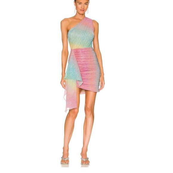 PatBO Prism Lurex Shimmer One Shoulder Mini Dress in Rainbow Metallic Size 4 - Picture 1 of 10